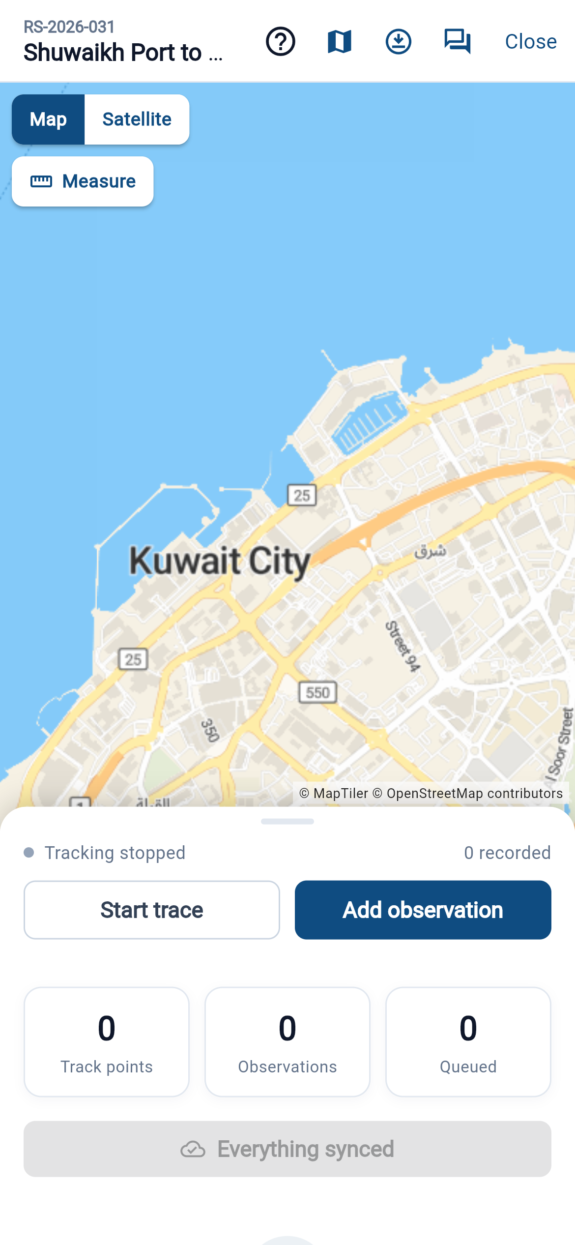 خريطة التطبيق الميداني مع تسجيل خط السير وحالة المزامنة